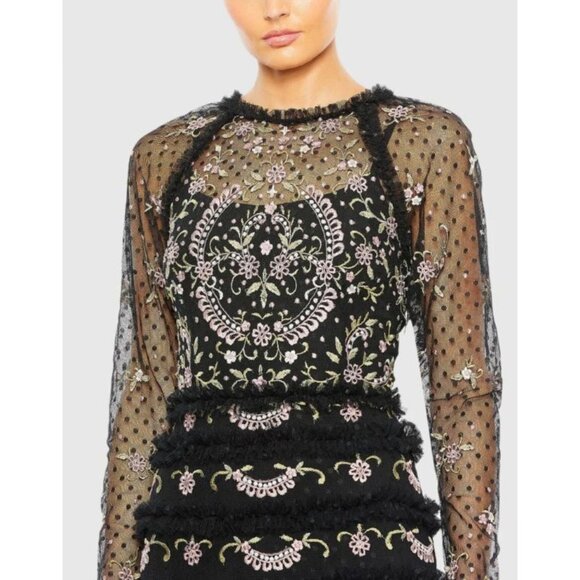 Mac Duggal Black Embroidered Floral Tiered Maxi Dress Formal Gown Sz 2 NWT - Picture 2 of 9